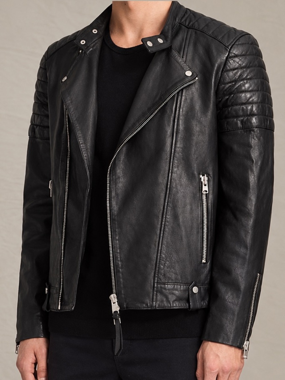 AllSaints Men’s Black Leather Biker Moto Jacket Medium